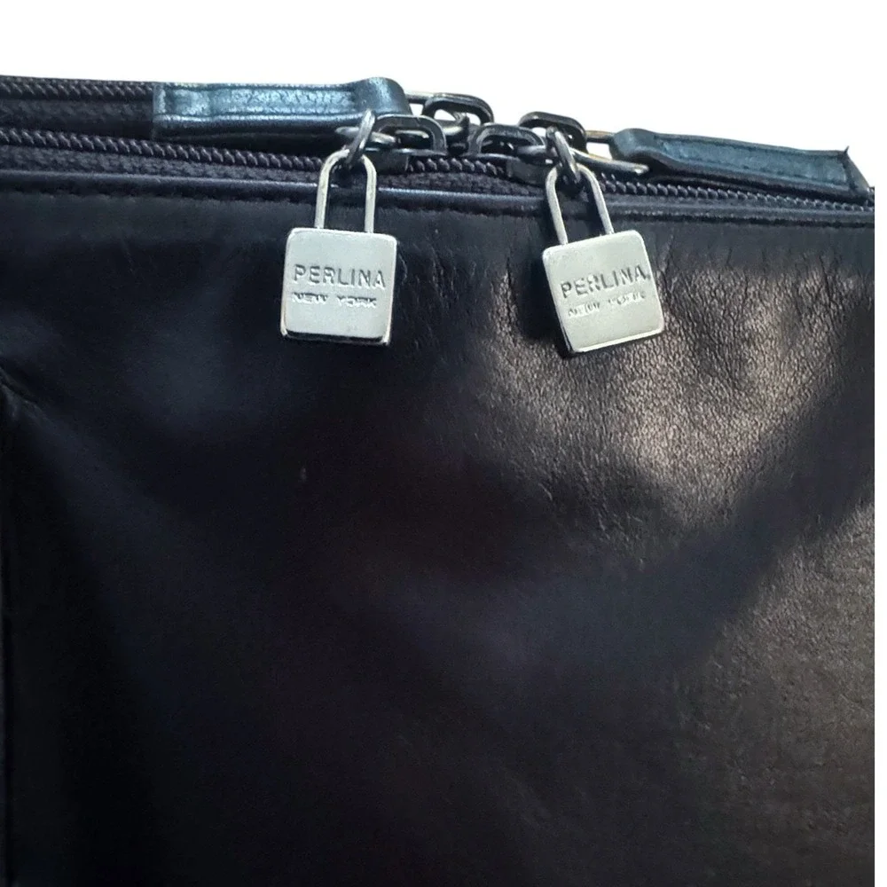 PERLINA Soft Black Leather Multi Compartment Tote Bag Laptop Work Bag Satchel